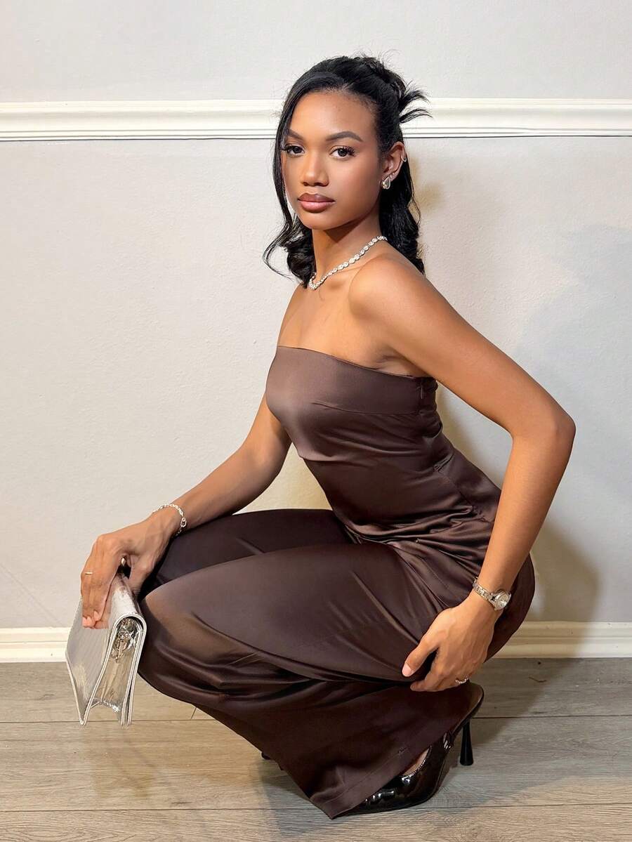 Natali Santanap 1 Set Solid Color Asymmetric Hem Sleeveless Crop Top And Wide Leg Pants - Coffee Brown - View 1