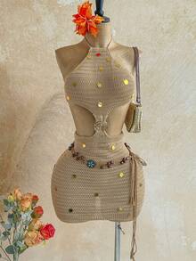 Soleia 性感露背吊带亮片镂空腰部金属装饰紧身毛衣连衣裙，波西米亚风，度假风，秋季女装，复古风，节日 - 卡其色 - 查看 6