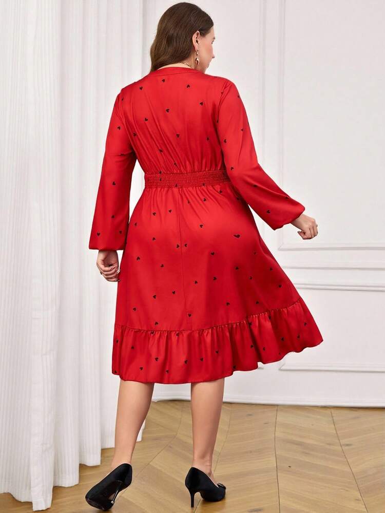 Plus Size Women's Autumn Shirred Heart Print Waist Tie Casual Dress, Wine Red/Valentine's Day Valentine's Day Elegant Dress Women,Vacation/Summer/Spring  Elegant Dress Women Red Dress Women Long Sleeve Dress