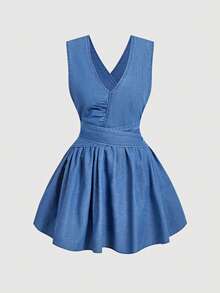 SHEIN MOD 女士露背交叉设计性感无袖牛仔连衣裙 - 藍色 - 查看 3