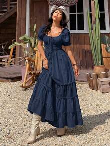 SHEIN EZwear 纯色露肩荷叶边连衣裙，女士度假夏季连衣裙，露肩长裙，休闲连衣裙，节日连衣裙 - 藏蓝色 - 查看 3