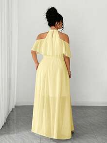 Elenzga Women's Plus Size Pale Yellow Plain Woven Fabric Halter Cold Shoulder Long A Line Elegant Prom Dress - Pale Yellow - View 2