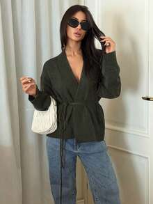 Ronhire 落肩系带开衫，长袖上衣，复古风格商务休闲女士工作服 - 綠色 - 查看 5