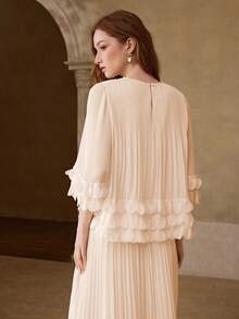 MOTF PREMIUM WOMEN'S ROMANTIC DATE LONG SLEEVE LACE TRIM APRICOT ROUND NECK BLOUSE, SPRING/SUMMER - Pink - View 3