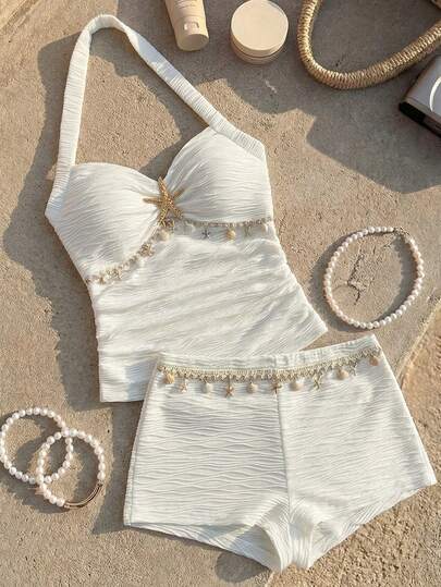 SHEIN Girls' Tank Top And Shorts Set, Featuring A Halter Neck Design, Ruched Detailing And Star And Shell Embellishments On The Top, And Shell And Tassel Details On The Front Of The Shorts. Casual And Simple, Perfect For Everyday Wear In Spring And Summer.
