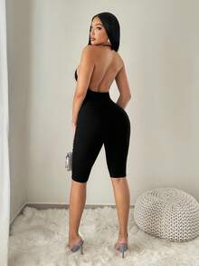 BamGleam 无缝针织露背性感吊带连体裤 - 黑色 - 查看 2