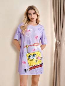 SpongeBob SquarePants | SHEIN 女士休闲圆领短袖睡袍 - - 紫色 - 查看 3