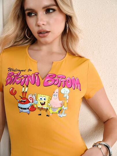 SpongeBob SquarePants | SHEIN Women's Casual Letter & Cartoon Print Short Sleeve T-Shirt, Versatile For Daily Wear