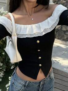 DAZY Spring & Summer 2 In 1 Ruffled Color Block, Elegant For Valentine's Day, Wedding, Party, Fashion Event, Slim Fit Off-Shoulder Black Long Sleeve Tee - Black - View 12