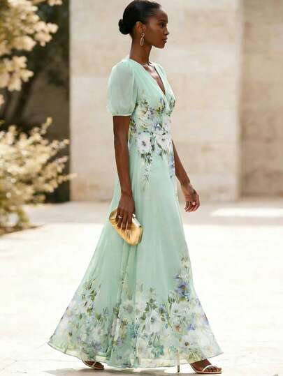 EMERY ROSE Women's Elegant Printed V-Neck Waist Tie A-Line Maxi Dress, Floral Pattern, Suitable For Spring/Summer Vacation