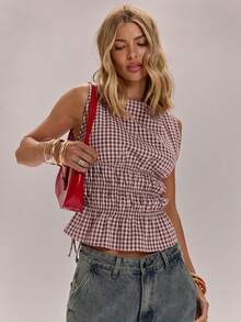 SHEIN BAE 女士春夏格子束腰圆领长袖衬衫，适合沙滩穿着，休闲褶皱设计，弹性格子衬衫，外套，伊比沙岛、法国南部度假、意大利穿搭、复古风格，通勤休闲皆宜。 - 藕粉色 - 查看 5