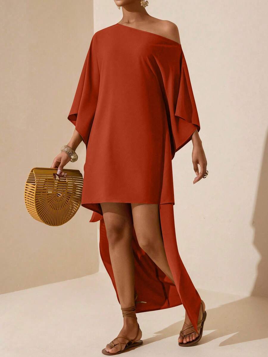Vesra Women's Summer Minimalist Solid Color Asymmetric Hem Dress - Rust Brown - View 1