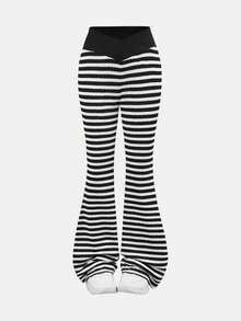 Girlism Tween Girls Striped Contrast Color Flare Pants, Casual Commuter Daily Outdoor Sports Leggings, Versatile For All Seasons - Black and White - View 3