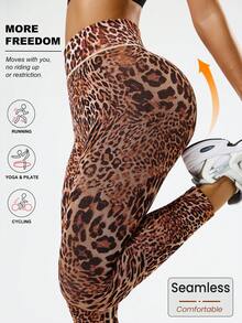 Dewbera Women's Leopard Print Seamless High Stretch Sports Leggings, Yoga Dance Fitness Pants - Brown - View 3