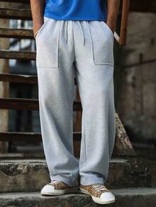 PAVTROS Pantalones de chándal holgados de pierna ancha con cordón y bolsillos, de color liso y casual para hombre - Gris Claro - Ver 3