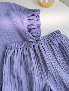 Tween Girl Round Neck Ruffle Sleeve Top & Elastic Waist Shorts Casual Holiday 2pcs Set - Purple - View 5