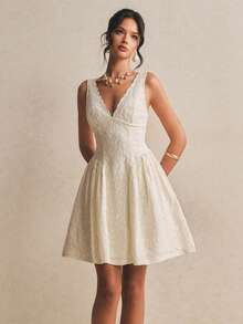 Poéselle Đầm ngắn không tay cổ chữ V họa tiết jacquard thanh lịch dành cho nữ - Màu be - Xem 6