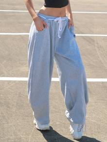 Sydney Algeri 女士秋冬街头服饰 返校风 学院风 休闲 保暖舒适 法式灰色 弹性腰带 弧形下摆 裤子 - 淺灰色 - 查看 3