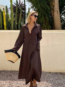 Spring & Summer Loose Business Casual Vacation Style Fashion Office Wear Street Textured Striped 2 In 1 Waist Tie Wrap Design Long Shirt Dress For Women - Brown - View 6