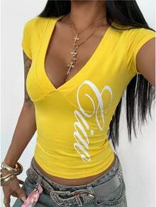 StreetHx Camiseta casual de mujer de manga corta con cuello en V y estampado, color amarillo - Multicolor - Ver 1