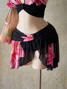 SHEIN ICON 大码女装 Y2K 度假风外出印花露脐吊带上衣和低腰印花迷你裙套装，夏威夷伊比沙岛穿搭 - 黑色 - 查看 8