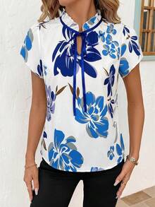 SHEIN Clasi Áo sơ mi ngắn tay phối màu tương phản ôm dáng dành cho nữ, trang phục mùa hè cho nữ, trang phục giáo viên cho nữ, áo sơ mi trắng, trang phục đồng quê cho nữ, quần áo mùa hè cho nữ. - Màu xanh lam - Xem 5