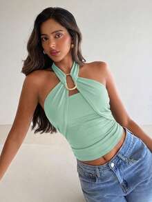 Aloruh Regata Feminina Elegante com Fivela de Metal, Cintura Marcada, Franzida e Decote com Laço - Verde Menta - Visão 2