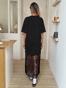 Easowa Đầm midi dự tiệc thường ngày phối ren chấm bi dành cho nữ - Đen và trắng - Xem 3