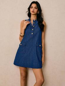 Poéselle Đầm denim nữ mới về, kiểu dáng chữ A không tay, cài khuy nửa thân, màu xanh dương, thích hợp cho mùa thu, phong cách Pháp, đầm thường ngày, đầm đi nghỉ mát, đầm dự tiệc, đầm đi chơi, đầm dành cho người giàu, đầm tựu trường, đầm sinh nhật cho nữ, trang phục giáo viên cho nữ. - Rửa tối - Xem 8
