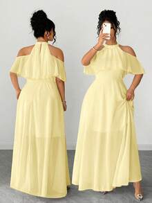 Elenzga Women's Plus Size Pale Yellow Plain Woven Fabric Halter Cold Shoulder Long A Line Elegant Prom Dress - Pale Yellow - View 3