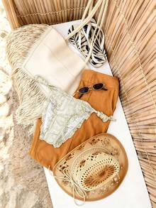 Elavelle Quần bikini buộc dây bên hông bằng vải jacquard dành cho nữ, thích hợp cho mùa xuân/hè. - Màu be - Xem 4