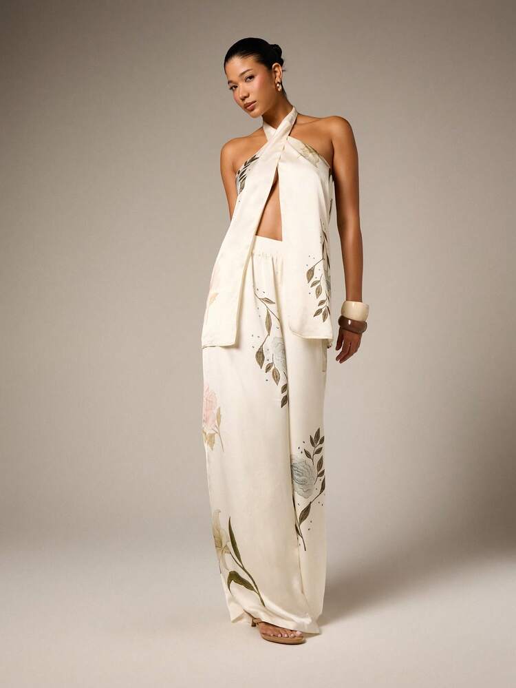 Satin Halter Floral Embroidered Wrap Top