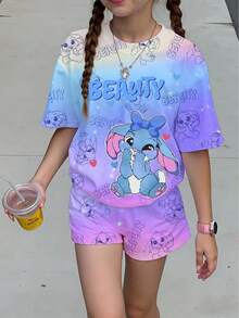 1 Set Tween Girls Blue Summer Cute Vacation Rabbit Heart Bow Letter Gradient Print Short Sleeve T-Shirt And Shorts Set,Casual Comfortable Fashion - Multicolor - View 1
