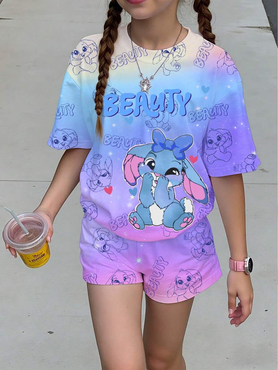 1 Set Tween Girls Blue Summer Cute Vacation Rabbit Heart Bow Letter Gradient Print Short Sleeve T-Shirt And Shorts Set,Casual Comfortable Fashion - Multicolor - View 1