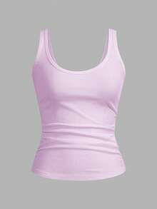 SHEIN PETITE Casual All-Match White Cami Top With Deep U-Neck And Racerback - Mauve Purple - View 9