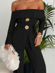 Ronhire 2 件套女士优雅露肩长袖上衣和裤子套装，适合秋冬季通勤 - 黑色 - 查看 7