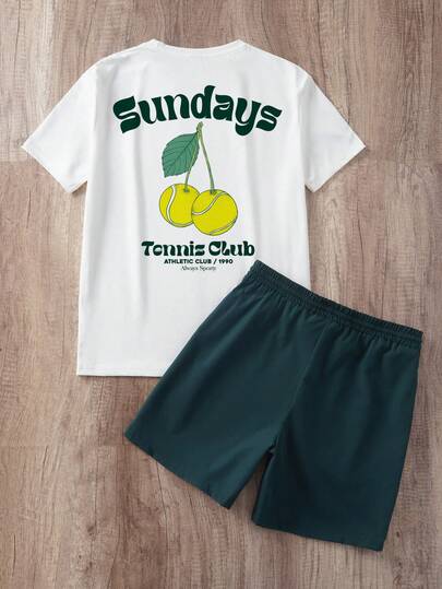 Manfinity Joysei 男士休闲度假复古网球图案针织上衣搭配绿色梭织短裤套装，适合夏季外出，可作为送给丈夫/男友的礼物