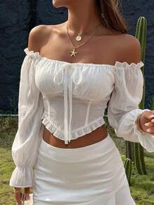 DAZY Spring/Summer Elegant Lace Patchwork Slim Fit Blouse With Drawstring Tie, Suitable For Valentine's Day, Wedding, Party, Formal Occasions, Long Sleeve Women's Shirt - White - View 11