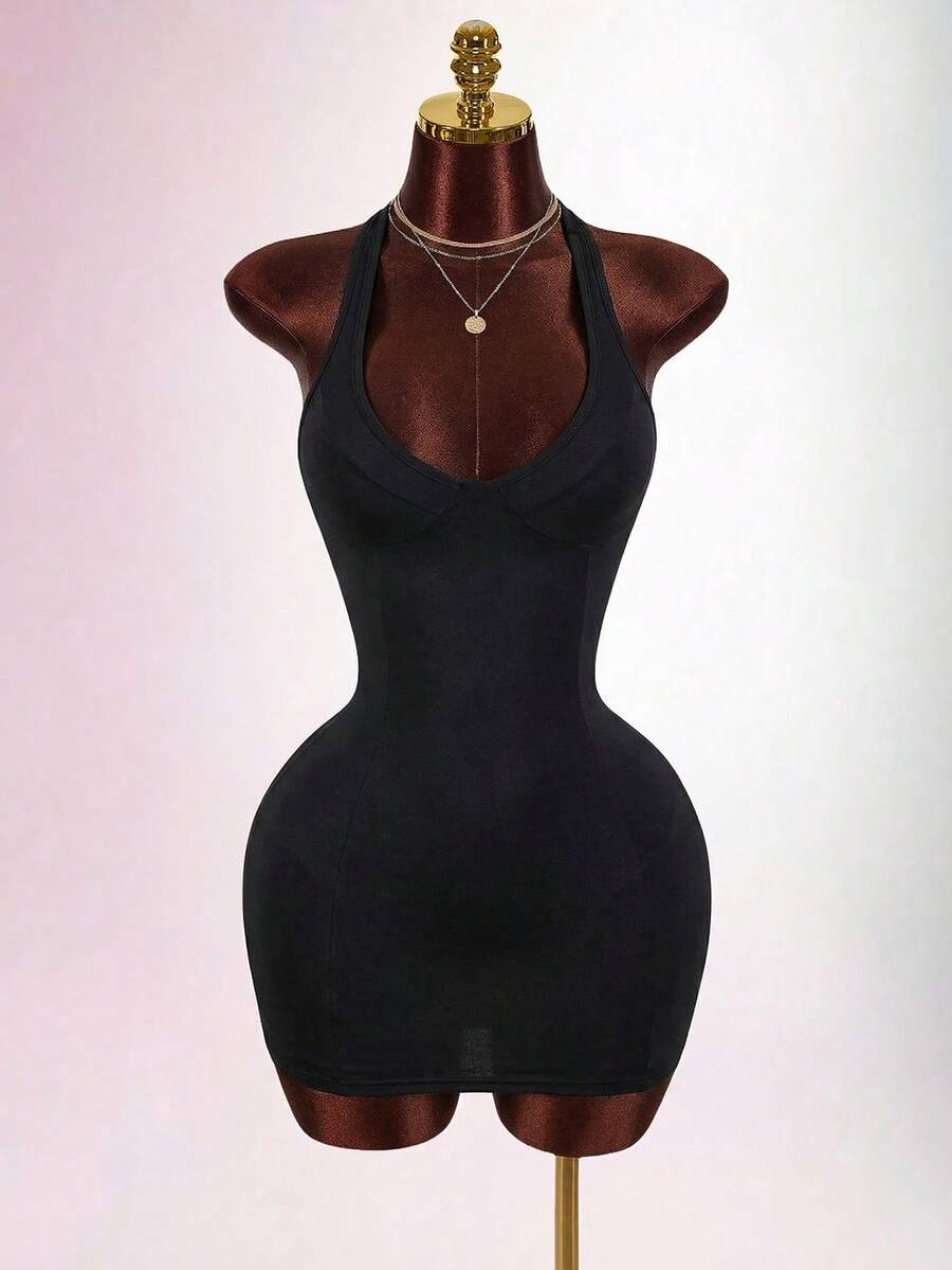 Amplova 女士纯色无袖修身迷你连衣裙 - 黑色 - 查看 1