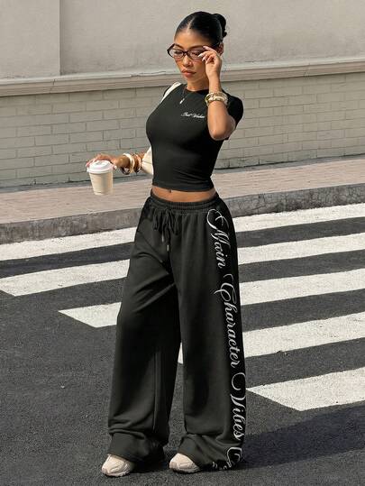 Muchica Women's Minimalist Printed Short Sleeve Top And Pants Casual Loungewear Set