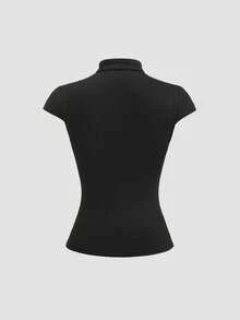 Sweetra Áo thun nữ màu đen cổ tàu cài nút, xẻ tà, ôm sát, kiểu dáng retro Trung Quốc mới. - màu đen - Xem 2