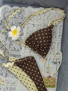 Swim Mod 2026新款加大码两件套波点随机印花双面可爱甜美夏季度假吊带比基尼套装，适合夏季海滩和假日穿着 - 彩色 - 查看 11