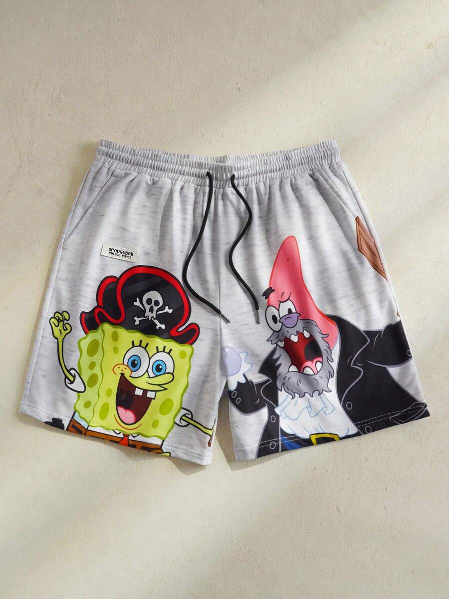 SpongeBob SquarePants | SHEIN Men's Drawstring Waist Cartoon Print Casual Versatile Daily Wear Shorts - Grey - View 1