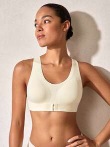 1pc Women's Wireless Front & Back Closure Sports Bra, Cycling & Workout, Anti-Sag - White - View 2