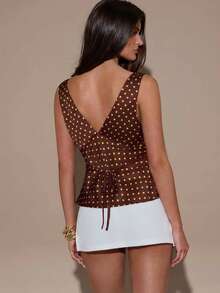 SHEIN BAE Áo tank top mùa hè ôm dáng, không tay, cổ chữ V, chấm bi dành cho nữ - màu nâu - Xem 2