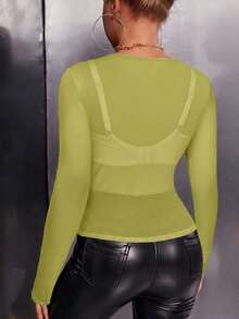 SHEIN SXY Blusa de mujer de unicolor, de malla, de manga larga, transparente y ajustada - Verde - Ver 2