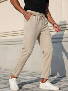 Men's Solid High-Waist Drawstring Detailed Casual Pants With Cuffed Hem - Beige - View 3