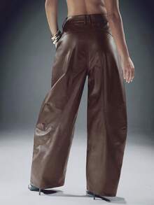 仿皮阔腿筒裤，适合女生约会之夜、外出聚会等场合。 - 棕色 - 查看 6