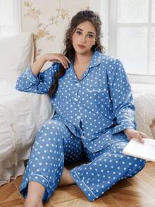 Elorette Plus Size Bubble Crinkle Polka Dot Print Collar Long Sleeve Pajama Set - Blue - View 5