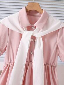 SHEIN Explorewe 少女開學季粉白優雅校服洋裝，復古披肩領短袖高腰中長裙，韓系時尚夏季休閒裙 - 粉色 - 查看 7